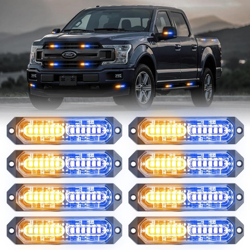 PKINGLAKE 8-Pcs 12 LED Sync Feature Emergency Strobe Grille Lights Ultra Slim Surface Mount Hazard Warning Flashing Light Bar for Firefighter/Construction/Police/Trucks/Vehicles/Car/SUV (Blue/Amber) - Image 1
